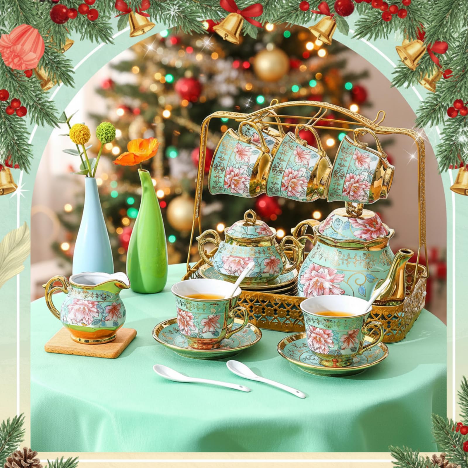 Amazon.com | Suttmin 22 Pcs Porcelain Tea Set with Metal Holder